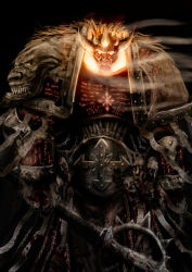 1boy armor black_background chain chaos_(warhammer) daemon_prince demon_horns holding holding_sword holding_weapon horns lorgar lorgar_aurelian monster pauldrons power_armor primarch science_fiction shoulder_armor skull slaine69 solo sword upper_body warhammer_40k weapon