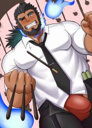 Rule 34 | 1boy, bara, beard, between pectorals, black hair, black necktie, blue fire, blush, bulge, collared shirt, dark-skinned male, dark skin, dutch angle, facial hair, facial scar, falling, fire, food, forked eyebrows, formal clothes, grin, highres, holding, holding food, holding pocky, incoming food, incoming pocky kiss, large pectorals, long hair, looking at viewer, male focus, male underwear, male underwear peek, mature male, muscular, muscular male, necktie, necktie between pectorals, official alternate costume, open fly, pectorals, pocky, pocky day, red male underwear, sandayu (housamo), scar, scar on cheek, scar on face, shirt, smile, solo, thick thighs, thighs, tokyo houkago summoners, underwear, yugyouhijiri