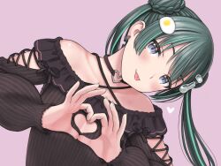 1girl black_shirt choker cleavage_cutout clothing_cutout egg_hair_ornament food-themed_hair_ornament green_hair hair_ornament heart heart_choker heart_cutout heart_hands highres looking_at_viewer off-shoulder_shirt off_shoulder palette_project shirt smile solo tokiwa_kaname tongue tongue_out upper_body yug_(ekaki)
