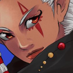 1girl close-up dark-skinned_female dark_skin eyebrows eyeliner facial_tattoo female_focus hyrule_warriors impa lips makeup nintendo nose pointy_ears red_eyes scarf solo tattoo the_legend_of_zelda tsukuyomi_land white_hair