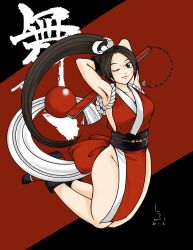 1girl armpits arms_behind_head breasts brown_eyes brown_hair cleavage fan fatal_fury feet highres large_breasts legs long_hair one_eye_closed ponytail shihu_zou shiranui_mai smile snk solo the_king_of_fighters thighs