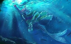 1girl absurdres arms_up blue_eyes blue_hair blue_theme dress fins fish from_side full_body head_fins highres medium_hair mermaid monster_girl nyonsuke open_mouth signature solo touhou underwater wakasagihime water
