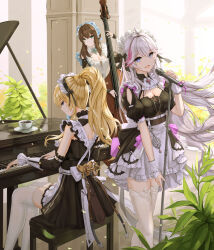 1girl 3girls back_cutout blonde_hair blue_eyes breasts brown_hair character_request cleavage cleavage_cutout clothing_cutout collar colored_tips copyright_request detached_sleeves dress frilled_collar frilled_dress frilled_skirt frilled_sleeves frills green_eyes highres instrument maid maid_headdress medium_breasts multicolored_hair multiple_girls music open_mouth playing_instrument playing_piano singing skindentation skirt streaked_hair thighhighs white_hair white_thighhighs yuzuriha_(atelier_liang) zettai_ryouiki