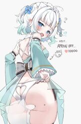 !? 1girl @_@ adjusting_clothes adjusting_panties ahoge ass ass_cutout blue_eyes blunt_bangs blush breasts clothing_cutout commentary detached_sleeves dress english_commentary frilled_dress frilled_panties frills from_behind gradient_hair green_dress green_hair hair_ornament hairclip heart_cutout highres indie_virtual_youtuber long_sleeves looking_back maid maid_headdress mint_fantome mint_fantome_(minto_2.0) mole mole_on_ass multicolored_hair oimo_0imo open_mouth panties pointy_ears short_hair simple_background sleeveless sleeveless_dress small_breasts solo striped_clothes striped_dress triangular_headpiece twitter_strip_game two_side_up underwear vertical-striped_clothes vertical-striped_dress virtual_youtuber wavy_hair white_hair white_panties wisps_(mint_fantome) x_hair_ornament