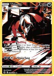 animal_focus artist_name card_(medium) character_name closed_mouth company_name copyright_name copyright_notice english_text full_body gen_8_pokemon limited_palette nc_empire_(circle) nickit nintendo no_humans official_art pokemon pokemon_(creature) pokemon_card pokemon_focus pokemon_tcg solo thievul third-party_source trading_card