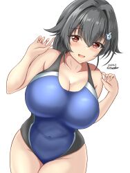 1girl alternate_costume black_hair black_one-piece_swimsuit blush breasts commentary_request competition_swimsuit covered_navel dated hair_flaps hair_ornament hairclip highleg highleg_one-piece_swimsuit highres impossible_clothes impossible_swimsuit jingei_(kancolle) kantai_collection large_breasts long_hair looking_at_viewer low_ponytail montemasa multicolored_swimsuit one-piece_swimsuit open_mouth ponytail red_eyes smile solo swimsuit twitter_username two-tone_swimsuit