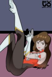 1girl alternate_costume armband ass boots breasts brown_eyes brown_hair choker cleavage cleavage_cutout clothing_cutout commission cosplay cutie_honey cutie_honey_(character) cutie_honey_(character)_(cosplay) dated gloves gun heart high_heels highres jirohhb large_breasts leg_up long_hair looking_at_viewer lupin_iii magical_girl mine_fujiko skeb_commission smile solo weapon