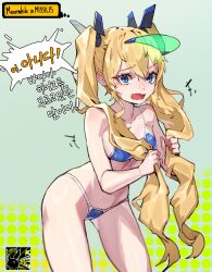 Rule 34 | 1girl, :o, absurdres, alternate costume, bare shoulders, bikini, blonde hair, blue bikini, blue eyes, breasts, collarbone, fang, goddess of victory: nikke, highres, holding, holding own hair, laplace (nikke), leaning forward, long hair, looking at viewer, mar10, navel, open mouth, sidelocks, skin fang, small breasts, string bikini, swimsuit, twintails, visor cap, watermark, wavy hair