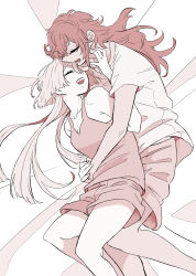 2girls bare_arms closed_eyes commentary_request cuddling gundam gundam_suisei_no_majo highres hug hug_from_behind kusattatofu long_hair miorine_rembran monochrome multiple_girls open_mouth shirt short_sleeves shorts smile suletta_mercury tank_top thick_eyebrows yuri