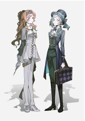 Rule 34 | 2girls, ascot, belt, black coat, black footwear, black headwear, black pants, black vest, blue bow, blue ribbon, boots, bow, briefcase, checkered hairband, chinese commentary, closed mouth, coat, commentary request, dress, expressionless, gloves, grey background, grey eyes, grey hair, hair bun, hairband, hat, hat bow, hat ribbon, high heels, highres, holding, holding briefcase, holding wand, knee boots, light smile, ligne claire, long hair, long sleeves, looking at viewer, multiple girls, open clothes, open coat, orange hair, pants, reverse:1999, ribbon, shadow, simple background, sonetto (reverse:1999), thigh belt, thigh strap, top hat, vertin (reverse:1999), vest, wand, white ascot, white dress, white footwear, white gloves, white pants, zhizhizi