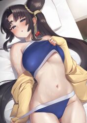 1girl bikini black_hair blue_bikini blue_eyes blush breasts commentary_request fate/grand_order fate_(series) hair_bun highres indoors jacket lifting_own_clothes long_hair looking_at_viewer lying medium_breasts navel on_back on_bed parted_bangs pinta_(ayashii_bochi) pulling_own_clothes side_ponytail solo swimsuit underboob ushiwakamaru_(fate) ushiwakamaru_(swimsuit_assassin)_(fate) ushiwakamaru_(swimsuit_assassin)_(first_ascension)_(fate) very_long_hair yellow_jacket