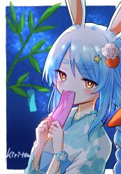 Rule 34 | 1girl, animal ear fluff, animal ears, blue hair, blush, braid, carrot hair ornament, commentary request, covered mouth, floral print, flower, food-themed hair ornament, hair between eyes, hair flower, hair ornament, hands up, highres, holding, hololive, japanese clothes, kimono, kiritoma, long hair, looking at viewer, night, night sky, orange eyes, print kimono, rabbit-shaped pupils, rabbit ears, red flower, red rose, rose, short eyebrows, sky, solo, star (sky), star (symbol), star hair ornament, starry sky, symbol-shaped pupils, tanabata, tanzaku, thick eyebrows, twin braids, twintails, upper body, usada pekora, virtual youtuber, white flower, white kimono, white rose