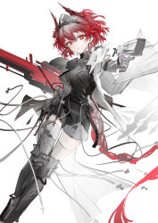 1girl absurdres arknights armored_boots asymmetrical_jacket asymmetrical_legwear black_boots black_jacket black_shirt black_shorts boots braid braided_ponytail breasts chinese_commentary closed_mouth commentary cross double-parted_bangs earpiece expressionless feather_hair feet_out_of_frame fiammetta_(arknights) fiammetta_(judgment_day)_(arknights) gloves gun handgun headgear highres holding holding_gun holding_weapon jacket knee_armor knee_boots long_braid long_hair looking_at_viewer luozhou_pile medium_breasts multicolored_jacket official_alternate_costume open_clothes open_jacket red_eyes red_hair shirt short_hair_with_long_locks shorts simple_background solo split-color_clothes standing thighhighs thighhighs_under_boots two-tone_jacket very_long_hair weapon white_background white_gloves white_jacket white_thighhighs zettai_ryouiki