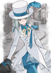 1girl absurdres blue_feathers blue_gloves blue_pants blue_shirt border building buttons closed_mouth coat collared_shirt cowboy_shot double-breasted fading_border feathers gloves grey_eyes grey_hair hair_bun hat hat_feather highres holding holding_suitcase long_sleeves looking_at_viewer neck_ribbon official_alternate_costume pants photo_background reverse:1999 ribbon road shirt short_hair single_side_bun solo street suitcase top_hat vertin_(ipstar)_(reverse:1999) vertin_(reverse:1999) white_coat white_hat yellow_ribbon yukiri_(l_ii)
