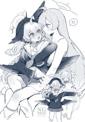 Rule 34 | 2girls, ^ ^, ahoge, blue archive, blush, closed eyes, clothed female nude female, greyscale, halo, hanako (blue archive), hat, head wings, heart, highres, koharu (blue archive), long hair, low wings, monochrome, multiple girls, nude, sitting, skirt, spoken heart, winged hat, wings, yun (dust-i1), yuri