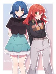 2girls ;o alternate_costume arm_behind_back artist_name belt black_shirt blue_hair blush bocchi_the_rock! border breasts brown_shirt clothing_request collared_shirt commentary_request dress feet_out_of_frame gradient_background green_dress green_eyes hair_ornament hairclip head_tilt highres kita_ikuyo knees layered_dress light_frown long_sleeves looking_at_viewer medium_breasts mole mole_under_eye multiple_girls one_eye_closed outline outside_border pants parallel_hairclips red_hair shirt short_hair short_sleeves standing uimaru918 white_belt white_border white_outline white_pants yamada_ryo yellow_eyes