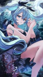 Rule 34 | 1girl, air bubble, bare arms, bare legs, bare shoulders, black dress, black ribbon, blue eyes, blue hair, blurry, breasts, bubble, cleavage, collarbone, commentary request, coral, dress, feet out of frame, floating hair, frilled dress, frilled straps, frills, from side, hair between eyes, hair ribbon, hands up, hatsune miku, highres, long hair, looking at viewer, medium breasts, parted lips, ribbon, shinkai shoujo (vocaloid), sleeveless, sleeveless dress, solo, strap slip, submerged, twintails, twitter username, underwater, urara 31 e, very long hair, vocaloid