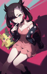 Rule 34 | 1girl, absurdres, aqua eyes, black choker, black jacket, black nails, breasts, brown hair, choker, cleavage, closed mouth, commentary request, dress, feet out of frame, finger to mouth, fingernails, gen 8 pokemon, hair ribbon, hand up, highres, jacket, long fingernails, looking at viewer, marnie (pokemon), medium breasts, medium hair, morpeko, morpeko (full), nail polish, nintendo, open clothes, open jacket, pink dress, pointy ears, pokemon, pokemon swsh, ribbon, shali, sitting, sleeveless, sleeveless dress, solo, strap slip