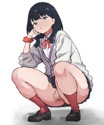 absurdres ass between_legs black_hair blue_eyes blush cardigan collared_shirt commentary_request gridman_universe hand_between_legs highres loafers long_hair long_sleeves looking_at_viewer no_panties open_mouth peace_peace009 pleated_skirt red_socks school_uniform scrunchie shadow shirt shoes sidelocks simple_background skirt socks ssss.gridman takarada_rikka thick_thighs thighs white_background white_cardigan white_shirt wrist_scrunchie
