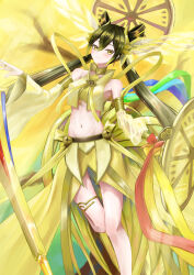 1girl absurdres aqua_ribbon black_hair blue_ribbon blush bracelet closed_mouth crop_top detached_sleeves duel_monster feather_hair_ornament feathers food fruit gold_thighlet green_ribbon hair_ornament highres japanese_clothes jewelry long_hair looking_at_viewer mandarin_orange midriff mirror nail_polish navel nontraditional_miko ohime_the_manifested_mikanko orange_ribbon red_ribbon ribbon ring smile solo sword thighs triangle_del twintails weapon yellow_background yellow_eyes yellow_ribbon yu-gi-oh!