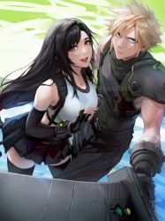 1boy 1girl :d aqua_eyes armor belt black_belt black_gloves black_hair black_pants black_skirt black_thighhighs blonde_hair breasts buster_sword closed_mouth cloud_strife crop_top elbow_gloves final_fantasy final_fantasy_vii fingerless_gloves gloves highres holding holding_sword holding_weapon lips long_hair looking_at_viewer low-tied_long_hair materia miniskirt open_mouth pants pleated_skirt red_eyes shirt short_hair shoulder_armor skirt sleeveless sleeveless_shirt smile spiked_hair spykeee square_enix suspender_skirt suspenders sword tank_top teeth thighhighs tifa_lockhart twitter_username upper_teeth_only watermark weapon web_address white_tank_top zettai_ryouiki