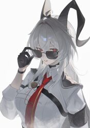 1girl absurdres adjusting_eyewear ahoge armband arts_(90620075) black_armband black_gloves black_horns black_jacket breasts chest_harness collared_shirt commentary curled_horns gloves grey_hair harness highres horns jacket jacket_on_shoulders large_breasts long_hair looking_at_viewer looking_over_eyewear necktie parted_lips red_eyes red_necktie shirt simple_background solo sunglasses upper_body white_background white_shirt wuthering_waves zani_(wuthering_waves)
