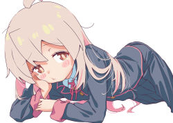 1girl :t ahoge black_jacket black_skirt blush_stickers brown_eyes colored_inner_hair commentary elbow_rest grey_hair hair_between_eyes head_rest highres jacket long_hair long_sleeves looking_at_viewer lying multicolored_hair neck_ribbon on_stomach onii-chan_wa_oshimai! oyama_mahiro pink_hair pout red_ribbon ribbon school_uniform shiina_excel simple_background skirt solo two-tone_hair white_background