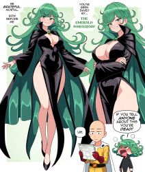 1boy 1girl absurdres alternate_breast_size black_cape black_dress breasts cape cleavage commentary cowboy_shot dress dungeons_&amp;_dragons english_commentary english_text full_body green_eyes green_hair highleg highleg_dress highres large_breasts long_hair multiple_views nico-neko one-punch_man saitama_(one-punch_man) solo_focus tatsumaki two-sided_cape two-sided_fabric