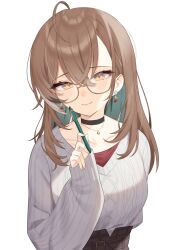 1girl ahoge aotake_iro belt berry black_choker blush brown_eyes brown_hair brown_skirt choker closed_mouth collarbone colored_inner_hair earrings food-themed_earrings glasses hair_between_eyes high-waist_skirt highres holding holding_pen hololive hololive_english jewelry long_hair long_sleeves looking_at_viewer multicolored_hair nail_art nanashi_mumei nanashi_mumei_(casual) necklace official_alternate_costume pen plaid_clothes plaid_skirt red_shirt round_eyewear runes shirt simple_background skirt sleeves_past_wrists smile solo streaked_hair sweater transparent_background upper_body variant_set virtual_youtuber white_sweater