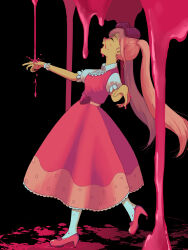 Rule 34 | 1girl, :d, ^ ^, belt, black background, blood, blood on face, blood on ground, blood on hands, bow, breasts, closed eyes, collared shirt, commentary request, dark-skinned female, dark skin, decoy bbb, dress, facing up, frilled sleeves, frills, from side, full body, hair bow, heart, high heels, highres, long dress, long hair, omori, open mouth, pantyhose, petticoat, pink belt, pink blood, pink bow, pink dress, pink hair, pink shoes, polka dot, polka dot bow, polka dot dress, profile, puffy short sleeves, puffy sleeves, shirt, shoes, short sleeves, simple background, sleeveless, sleeveless dress, small breasts, smile, solo, standing, standing on one leg, sweetheart (omori), twintails, very long hair, white pantyhose, white shirt