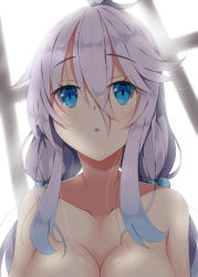 1girl ahoge blue_eyes blurry blurry_background breasts cleavage collarbone commentary_request depth_of_field female_focus fuyou-chan hair_between_eyes hair_bobbles hair_flaps hair_ornament large_breasts long_hair low_twintails milkpanda nude original parted_lips sidelocks silver_hair solo twintails