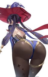 Rule 34 | 1girl, ass, ass focus, bent over, black pantyhose, commentary request, corrupted twitter file, detached sleeves, earrings, from behind, genshin impact, gold thighlet, gold trim, green eyes, hair ornament, hat, highres, huge ass, jewelry, leotard, long hair, looking at viewer, looking back, mona (genshin impact), mosaic0614, pantyhose, purple hat, purple leotard, simple background, solo, sparkle print, star (symbol), star earrings, thighlet, twintails, white background, witch hat