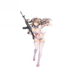 1girl artist_request assault_rifle breasts brown_eyes brown_hair character_name cleavage clothes_writing daewoo_k2 finger_on_trigger frilled_thighhighs frills full_body girls&#039;_frontline girls&#039;_frontline_2:_exilium gun heart highres k2_(girls&#039;_frontline) large_breasts long_hair maid_headdress midriff navel official_alternate_costume official_art one_eye_closed panties pink_panties pink_shoes rifle shoes side-tie_panties solo thighhighs third-party_source underwear w weapon white_thighhighs white_wrist_cuffs wrist_cuffs yoohee_(girls&#039;_frontline_2) yoohee_(miracle_sweetheart)_(girls&#039;_frontline_2)