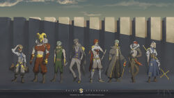 2girls 6+boys adapted_costume arch_bishop_(ragnarok_online) bandana black_pants blonde_hair blue_skirt boots breasts brown_bag brown_boots brown_corset brown_hat brown_pants brown_shoes cabbie_hat cane cape coat coat_on_shoulders commentary corset crop_top crosier cross dagger english_commentary fake_horns full_body fur_collar gear_hat_ornament genetic_(ragnarok_online) gloves goggles goggles_on_headwear gold_helmet green_pants green_shirt grey_coat grey_hat grey_pants hand_on_headwear hat hat_ornament helmet highres holding holding_cane holding_dagger holding_knife holding_staff holding_sword holding_weapon horned_helmet horns ivandilim katana knife large_breasts midriff multiple_boys multiple_girls muscular muscular_female pants purple_vest ragnarok_online ranger_(ragnarok_online) red_bandana red_cape red_gloves red_hat red_pants red_shirt rune_knight_(ragnarok_online) shadow_chaser_(ragnarok_online) sheath shirt shoes short_hair skirt staff standing steampunk super_novice_(ragnarok_online) sura_(ragnarok_online) sword top_hat unsheathing vest warlock_(ragnarok_online) weapon white_hair white_shirt