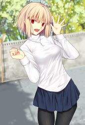 1girl antenna_hair arcueid_brunestud black_pantyhose blonde_hair blue_skirt blurry blurry_background breasts cowboy_shot highres iro_(sekaixiro) jewelry large_breasts miniskirt outdoors pantyhose pendant red_eyes short_hair skirt solo sweater tsukihime tsukihime_(remake) white_sweater