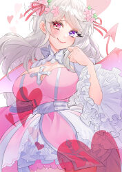 1girl absurdres arch_bishop_(ragnarok_online) blush breasts cleavage cleavage_cutout closed_mouth clothing_cutout commentary cowboy_shot cross demon_girl demon_tail demon_wings dress english_commentary flower frilled_dress frilled_sleeves frills hair_flower hair_ornament hair_ribbon heart heterochromia highres large_breasts looking_at_viewer noxxia39 official_alternate_costume pink_dress pink_eyes pink_flower pink_ribbon pink_wings purple_eyes ragnarok_online ribbon simple_background smile solo tail two-tone_dress white_background white_dress white_hair wings