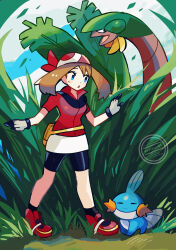 Rule 34 | 1girl, :o, anidler91, bandana, bike shorts, black shorts, blue eyes, brown hair, full body, gen 3 pokemon, gloves, grass, highres, may (pokemon), mudkip, nintendo, open mouth, outdoors, pokemon, pokemon (creature), pokemon rse, red bandana, red shirt, red shoes, shirt, shoes, short hair, short sleeves, shorts, tall grass, tropius, white gloves