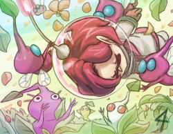 Rule 34 | 1girl, blue eyes, blue sky, brittany (pikmin), closed eyes, colored skin, commentary request, countdown, falling, falling petals, flower, flying, foot out of frame, glasses, gloves, gradient sky, grass, helmet, insect wings, leaf, miniskirt, motion blur, naru (wish field), nintendo, no mouth, orange flower, petals, pikmin (creature), pikmin (series), pikmin 3, pink gloves, pink hair, pink light, pink skin, pink skirt, pointy ears, pointy nose, purple hair, purple pikmin, purple skin, radio antenna, reaching, red-framed eyewear, red eyes, short hair, skirt, sky, solid circle eyes, space helmet, spacesuit, very short hair, whistle, white pikmin, white skin, winged pikmin, wings, yellow pikmin, yellow skin, yellow sky