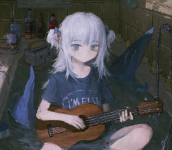 1girl alcohol bathroom bathtub beer blue_eyes blunt_bangs bread bread_slice canvas_texture chunkyeggy cigarette coca-cola commentary crossed_legs cup fins fish_tail food gawr_gura glass_bottle hair_bobbles hair_ornament highres holding holding_instrument holding_ukulele hololive hololive_english instrument jack_daniel&#039;s light_blush looking_at_viewer medium_hair music no_mouth plastic_bottle plate playing_instrument rubber_duck shark_girl shark_tail shirt short_twintails sitting solo t-shirt tail toast toaster twintails ukulele water whiskey white_hair