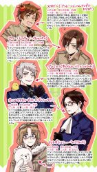 5boys ahoge animal animal_ears animal_nose arrow_(symbol) artist_name ascot austria_(hetalia) axis_powers_hetalia beak bear bear_ears bird black-framed_eyewear black_gloves black_hair black_necktie black_shirt blonde_hair blue_jacket blush border bow bowtie breast_pocket brown-framed_eyewear brown_bow brown_bowtie brown_hair brown_jacket brown_shirt brown_sweater buttons canada_(hetalia) chick closed_mouth collared_shirt commentary_request cross fur-trimmed_jacket fur_trim glasses gloves goggles goggles_on_head green_background green_eyes grey_hair hand_up haruki_chise highres holding holding_animal iron_cross jacket lapels long_sleeves looking_at_viewer male_focus military_jacket military_uniform mole mole_under_mouth multiple_boys necktie one_eye_closed open_mouth outside_border parted_bangs pet pink_eyes pocket polar_bear prussia_(hetalia) purple_eyes round_eyewear semi-rimless_eyewear shadow shirt short_hair smile southern_italy_(hetalia) spain_(hetalia) striped_background sweater tan teeth thumbs_up tomato translation_request turtleneck turtleneck_sweater upper_body white_ascot white_border white_fur