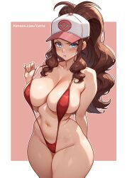 1girl absurdres alternate_breast_size baseball_cap blue_eyes blush border breasts brown_hair cetta_(cettadvd) cheek_bulge commentary cowboy_shot curvy english_commentary hat high_ponytail highres hilda_(pokemon) large_breasts long_hair looking_at_viewer navel nintendo patreon_username pink_background pokemon pokemon_bw ponytail pout red_slingshot_swimsuit shiny_skin slingshot_swimsuit solo stomach swimsuit thick_thighs thighs white_border wide_hips