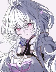 Rule 34 | 1girl, ahoge, black bodysuit, bodysuit, breasts, clothing cutout, collarbone, fate/grand order, fate/grand order arcade, fate/prototype, fate (series), flower, gold trim, hair between eyes, hair intakes, hair ornament, high collar, highres, hood, hood down, hooded robe, long hair, looking at viewer, medium breasts, merlin (fate/prototype), merlin (fate/prototype) (second ascension), parted lips, pink eyes, portrait, robe, seina1211, shoulder cutout, sidelocks, simple background, smile, solo, twitter username, white background, white hair, white hood, white robe