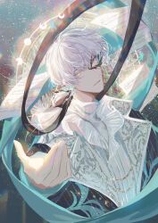 Rule 34 | 1boy, absurdres, aqua gemstone, aqua ribbon, aqua vest, beckoning, black jacket, black ribbon, chinese commentary, crescent, crescent earrings, domino mask, earrings, epiphyllum, flower, gem, hair between eyes, hair ribbon, half mask, highres, jacket, jewelry, lapels, light and night love, long sleeves, looking at viewer, low ponytail, male focus, mask, medium hair, moon phases, notched lapels, parted lips, patterned clothing, ponytail, qi sili, ribbon, sheet music, shirt, sideways glance, sky, smile, snow234, solo, star (sky), starry sky, turtleneck, upper body, white flower, white hair, white shirt, wing earrings, yellow eyes