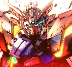 backlighting bright_background debris eye_trail g_gundam glowing glowing_eyes gundam light_trail looking_at_viewer machinery mecha mecha_focus mobile_suit no_humans redesign robot science_fiction shining_gundam solo super_robot upper_body v-fin wasabi_(payan)