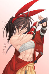 Rule 34 | 1girl, abs, breasts, brown eyes, brown hair, chest sarashi, gauntlets, hair ribbon, highres, isekai samurai, katana, kozuka (dilettante), looking at viewer, medium breasts, midriff sarashi, muscular, muscular female, ponytail, red ribbon, ribbon, robe, sarashi, scar, scar on face, smile, solo, sword, tsukitsuba ginko, weapon