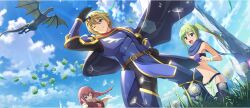 1boy 2girls arm_up armor armpit_crease bandeau black_cloak black_thighhighs blue_armor blue_eyes blue_scarf blue_sky braid breasts brown_hair cabbage cabbage_(konosuba) capelet circlet clemea cloak cloud cloudy_sky creature dandelion day dragon fio_(konosuba) flower from_below game_cg gold_circlet grass green_hair groin hair_between_eyes hand_on_own_hip highres hood hooded_capelet kono_subarashii_sekai_ni_shukufuku_wo! konosuba!_fantastic_days loincloth long_hair long_scarf looking_at_another looking_up mitsurugi_kyouya multiple_girls navel official_art one_eye_closed open_mouth outdoors parted_lips ponytail purple_eyes red_hair red_scarf scarf short_hair sidelocks sky small_breasts standing stomach strapless sunlight thighhighs tube_top twin_braids white_capelet wind