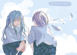 2girls bang_dream! bang_dream!_it&#039;s_mygo!!!!! blue_hair closed_eyes commentary english_commentary flying_paper green_necktie green_skirt green_socks grey_hair grey_jacket haneoka_school_uniform highres jacket long_hair multiple_girls necktie open_mouth paper plaid_clothes plaid_skirt school_uniform sere_(_h11r_agi) short_hair sidelocks skirt socks song_name takamatsu_tomori togawa_sakiko two_side_up