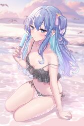 Rule 34 | 1girl, bikini, blue eyes, blue hair, blue nails, blush, breasts, choker, commentary, food, grey bikini, hair ribbon, highres, holding, holding food, holding popsicle, hololive, hoshimachi suisei, kohaku (csacu), long hair, nail polish, navel, one side up, pink choker, pink ribbon, plaid bikini, plaid clothes, popsicle, ribbon, side-tie bikini bottom, small breasts, solo, strap slip, swimsuit, symbol-only commentary, virtual youtuber, water