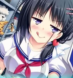 1girl black_hair breasts half-closed_eyes kisu_shiina large_breasts licking_lips medium_hair purple_eyes red_ribbon ribbon school_uniform shirt smile source_request suki_to_suki_to_de_sankaku_renai tongue tongue_out visual_novel white_shirt