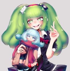 2girls bear_hair_ornament black_footwear black_jacket black_shirt blue_hair blush bow bowtie child collared_shirt cosplay danganronpa_(series) danganronpa_3_(anime) danganronpa_another_episode:_ultra_despair_girls doll ears enoshima_junko enoshima_junko_(cosplay) eyebrows gekkogahara_miaya green_eyes green_hair grey_background hair_ornament hairband hand_up holding holding_doll jacket long_hair looking_at_viewer multiple_girls necktie open_mouth palms red_bow red_hairband red_headwear red_scarf scarf shirt simple_background teeth tongue towa_monaca twintails upper_teeth_only